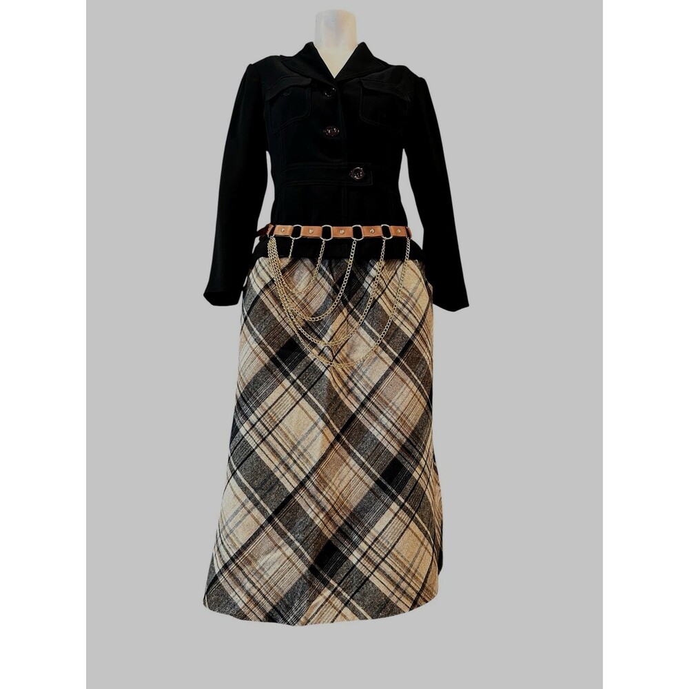 Vtg Plaid A Line Midi Skirt Cream Brown Blue Gray Union Made Preppy Academia S